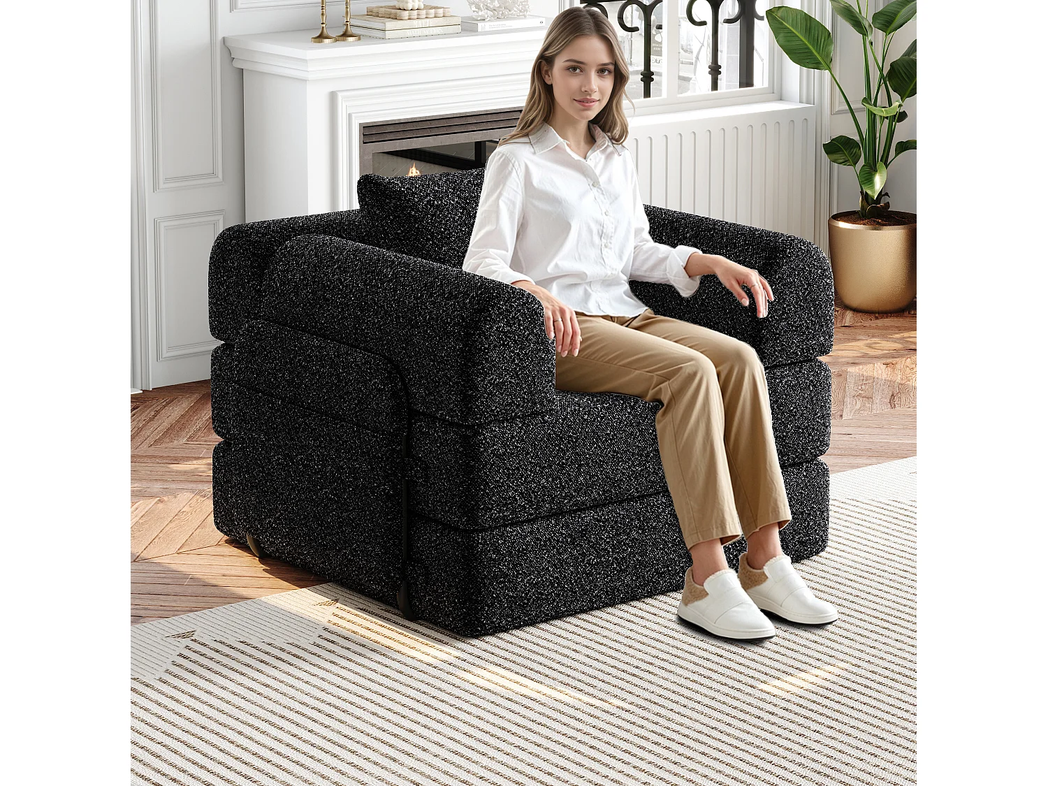 Fauteuil convertible, 2 en 1, rangement accoudoir, 3 cadres en acier, chenille noire