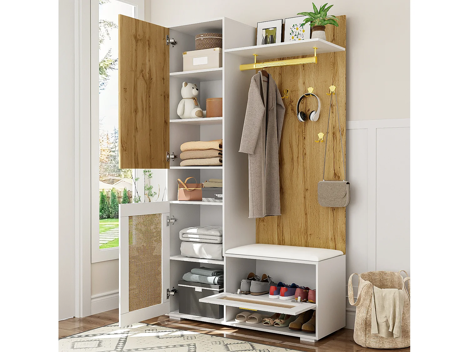 Vestiaire d'entrée 110x38x190 cm, miroir intégré, éclairage LED 16 couleurs, portes effet rotin, MDF et panneau de particules blanc et bois