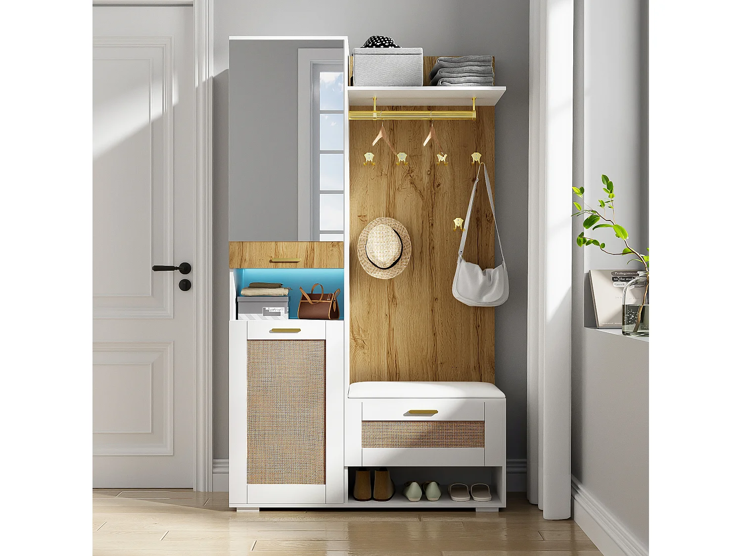Vestiaire d'entrée 110x38x190 cm, miroir intégré, éclairage LED 16 couleurs, portes effet rotin, MDF et panneau de particules blanc et bois