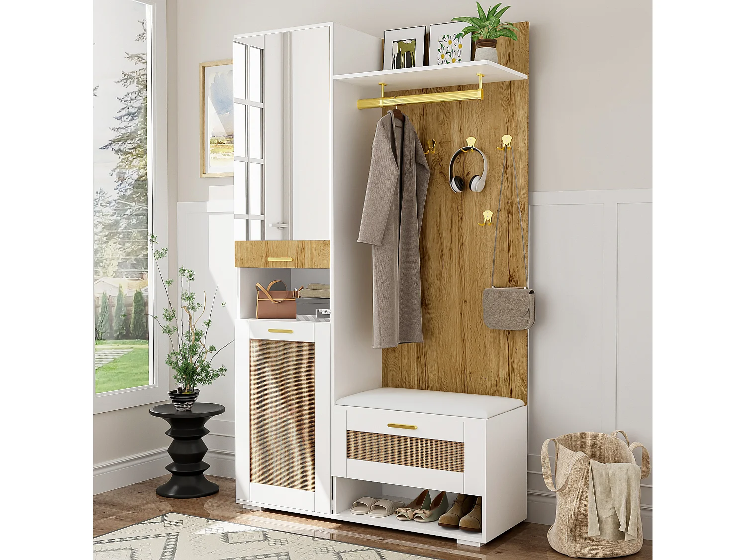 Vestiaire d'entrée 110x38x190 cm, miroir intégré, éclairage LED 16 couleurs, portes effet rotin, MDF et panneau de particules blanc et bois