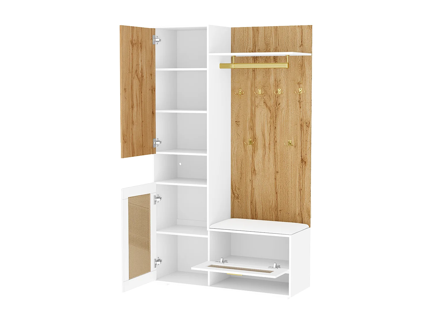 Vestiaire d'entrée 110x38x190 cm, miroir intégré, éclairage LED 16 couleurs, portes effet rotin, MDF et panneau de particules blanc et bois