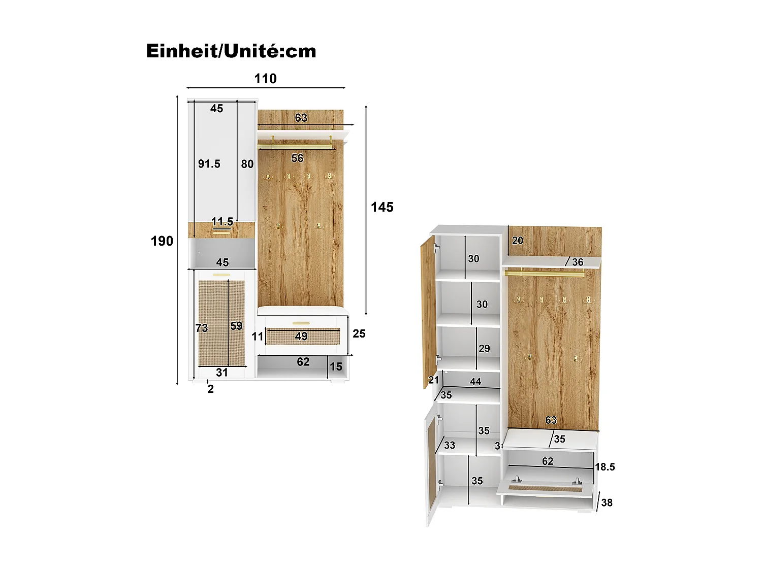 Vestiaire d'entrée 110x38x190 cm, miroir intégré, éclairage LED 16 couleurs, portes effet rotin, MDF et panneau de particules blanc et bois