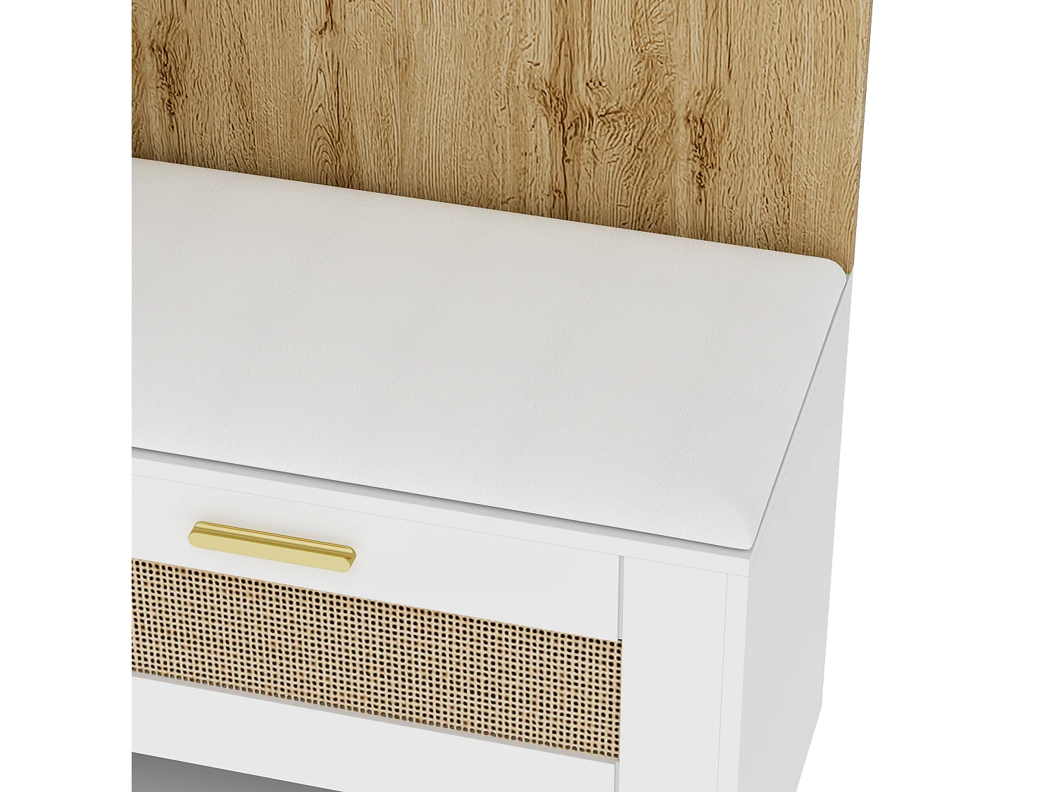 Vestiaire d'entrée 110x38x190 cm, miroir intégré, éclairage LED 16 couleurs, portes effet rotin, MDF et panneau de particules blanc et bois