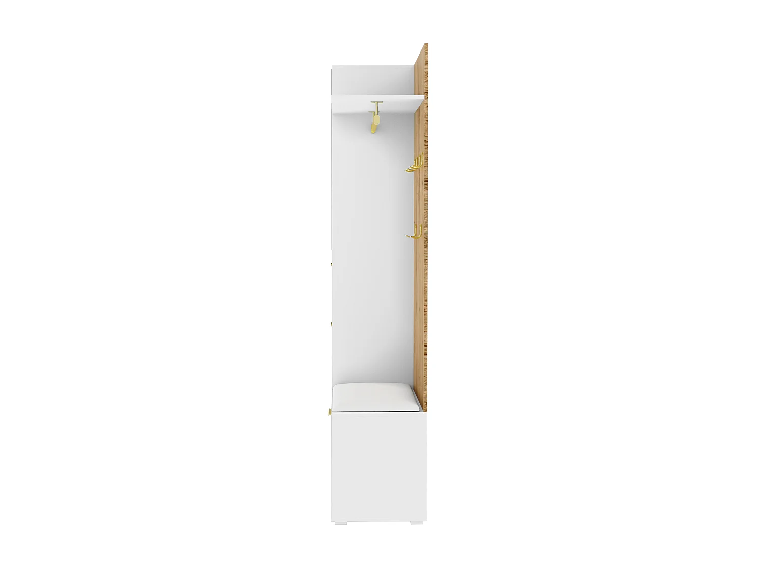 Vestiaire d'entrée 110x38x190 cm, miroir intégré, éclairage LED 16 couleurs, portes effet rotin, MDF et panneau de particules blanc et bois