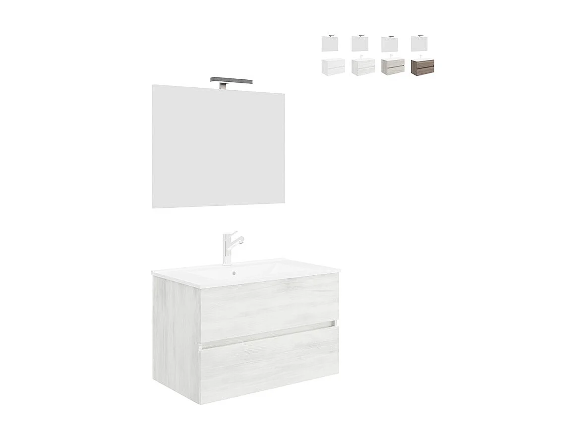 Mueble de baño moderno suspendido con espejo 80 cm lavabo y 2 cajones Easy 80 - Blanco