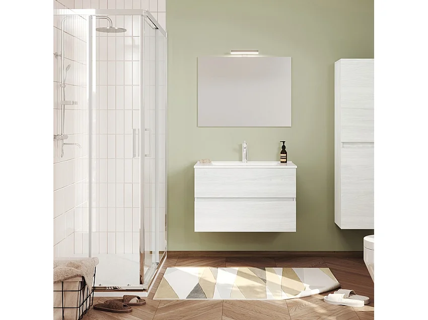 Mueble de baño moderno suspendido con espejo 80 cm lavabo y 2 cajones Easy 80 - Blanco