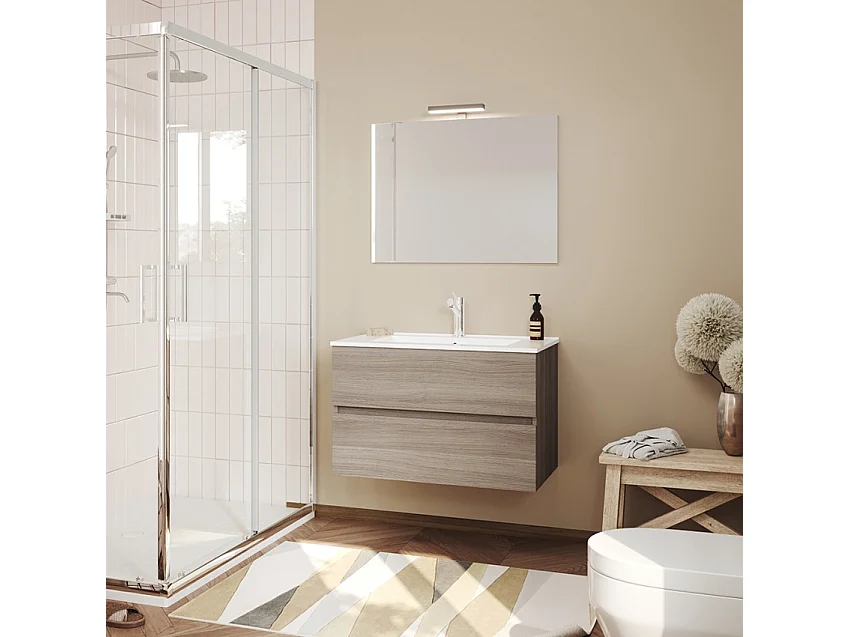 Mueble de baño moderno suspendido con espejo 80 cm lavabo y 2 cajones Easy 80 - Natural
