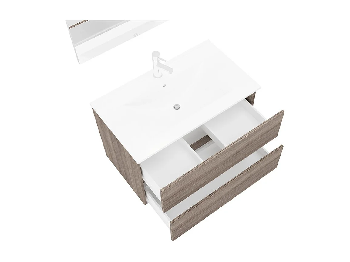 Mueble de baño moderno suspendido con espejo 80 cm lavabo y 2 cajones Easy 80 - Natural