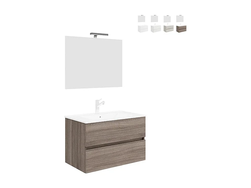 Mueble de baño moderno suspendido con espejo 80 cm lavabo y 2 cajones Easy 80 - Natural