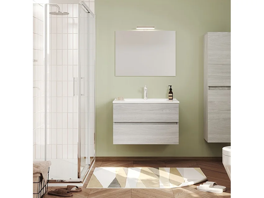 Mueble de baño moderno suspendido con espejo 80 cm lavabo y 2 cajones Easy 80 - Gris