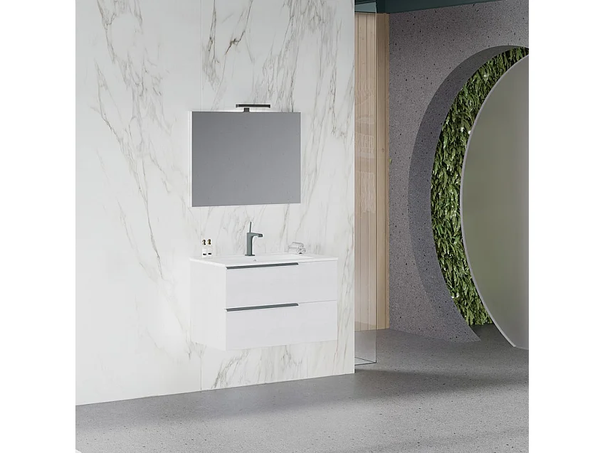 Mueble de baño suspendido blanco 80 cm con lavabo y espejo led Oikos 80