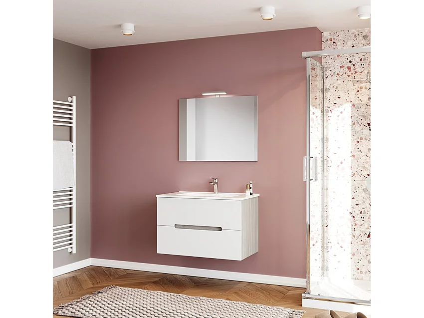 Mueble de baño suspendido con cajones lavabo 80cm espejo luz led Iris 80 - Blanco