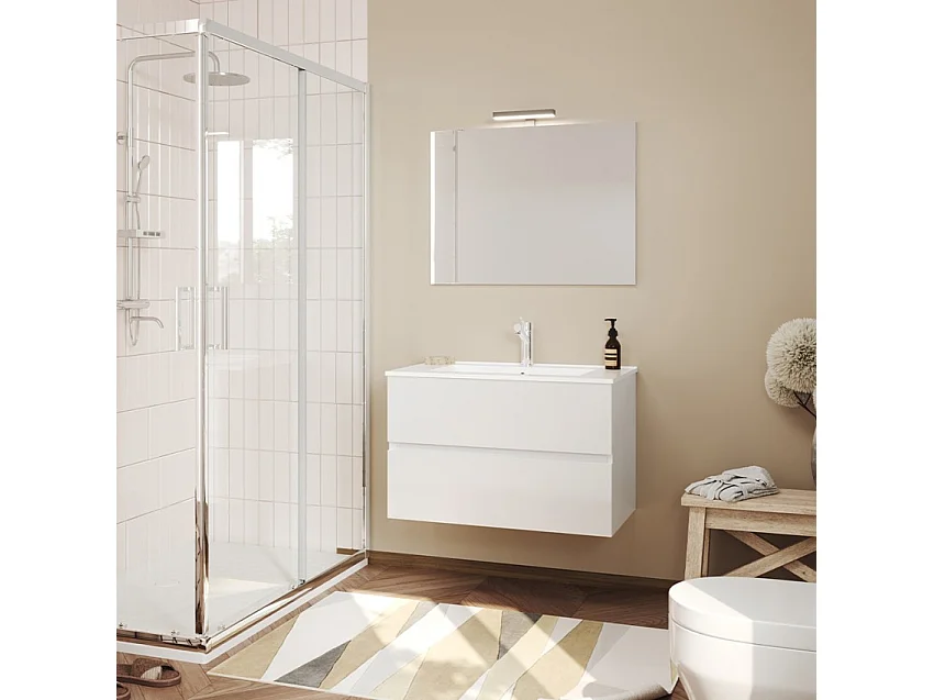 Mueble de baño moderno suspendido con espejo 80 cm lavabo y 2 cajones Easy 80 - Blanco brillante