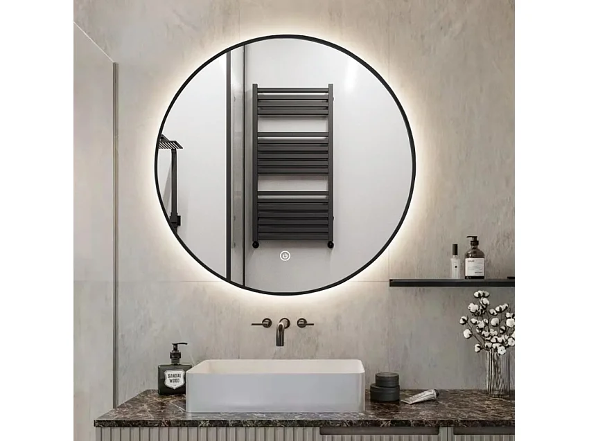 Badezimmerspiegel LED rund 80 cm beleuchteter Rahmen Laugarv XL