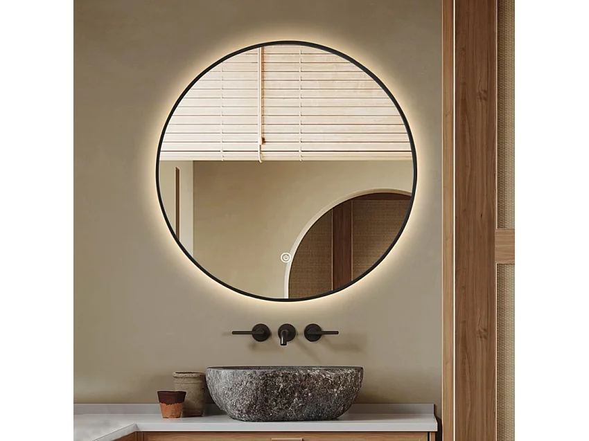 Badezimmerspiegel LED rund 80 cm beleuchteter Rahmen Laugarv XL