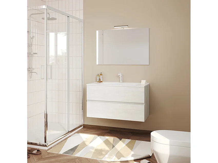 Mueble de baño 90 cm moderno con lavabo suspendido cajones y espejo led Easy 90 - Blanco