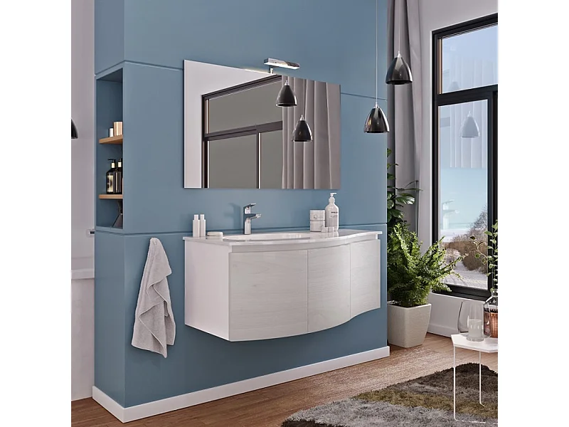 Mueble de baño suspendido color blanco 100cm con 3 puertas lavabo y espejo con luz Onda 100