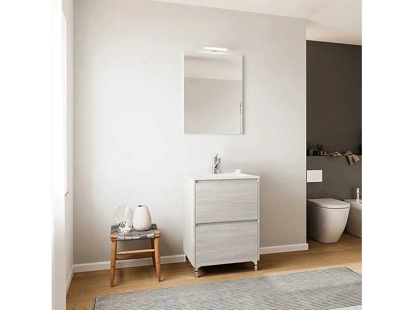 Mueble de baño compacto de suelo con lavabo 60cm espejo con luz led Lisboa 60 - Gris