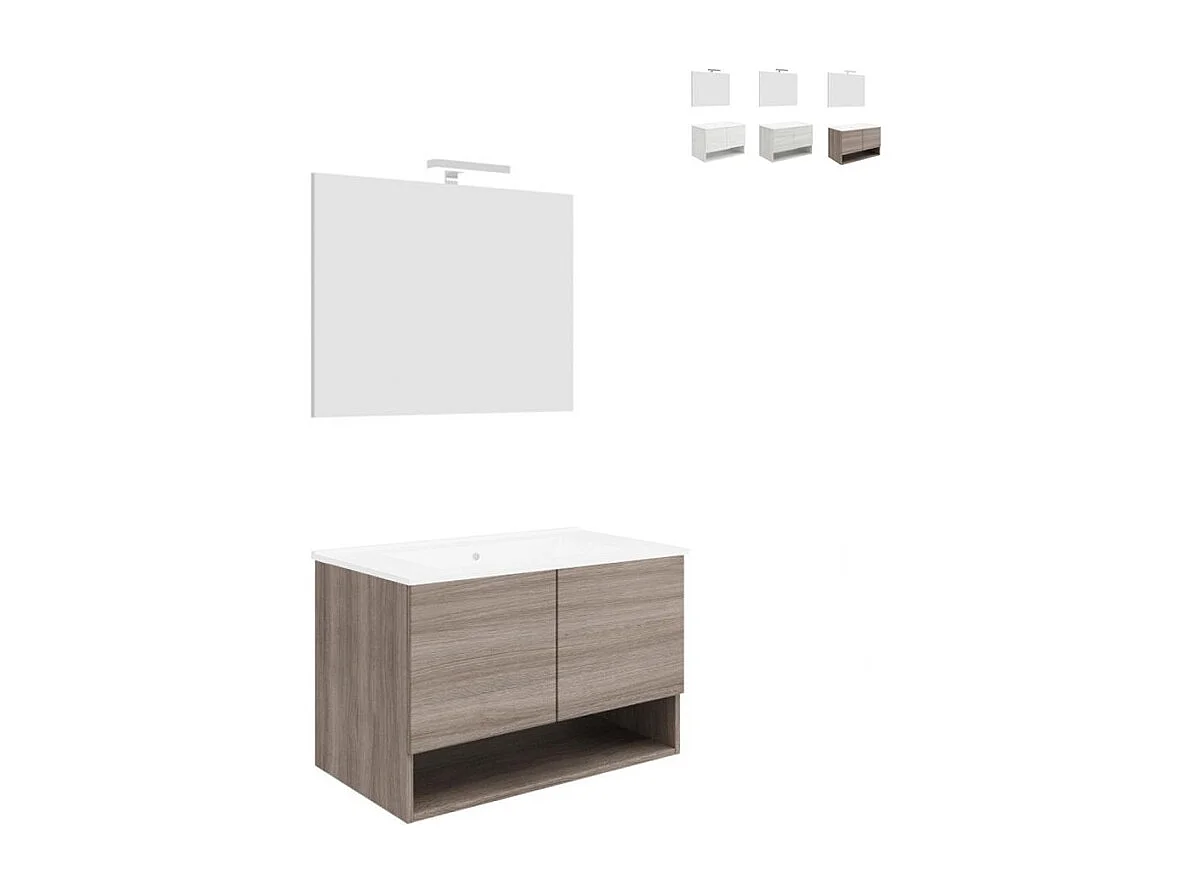 Mueble baño de diseño suspendido con puertas lavabo 80cm y espejo luz led Oslo 80 - Natural