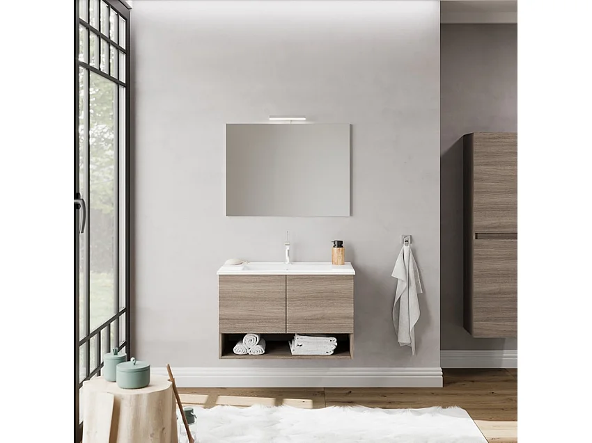 Mueble baño de diseño suspendido con puertas lavabo 80cm y espejo luz led Oslo 80 - Natural