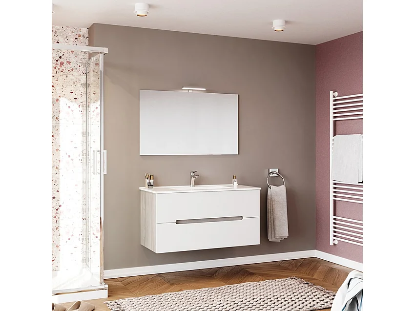 Mueble de baño suspendido color blanco gris lavabo 100cm espejo luz Iris 100