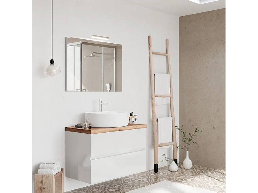 Mueble de baño suspendido blanco efecto madera 80 cm con lavabo sobre encimera City 80