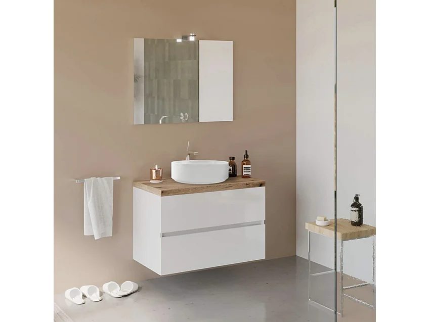 Mueble de baño suspendido blanco efecto madera 80 cm con lavabo sobre encimera City 80
