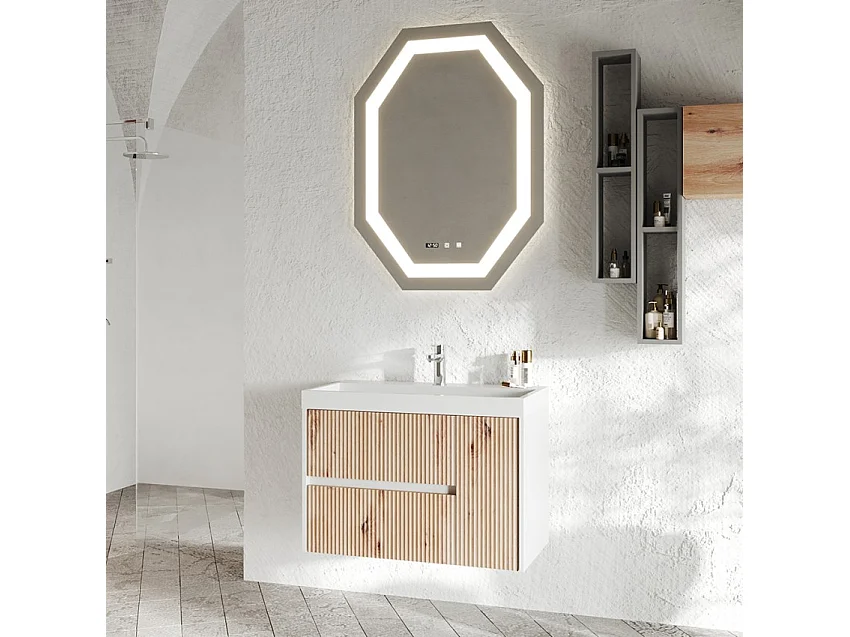 Mueble de baño suspendido 80 cm lavabo espejo cajones puerta Portofino 80