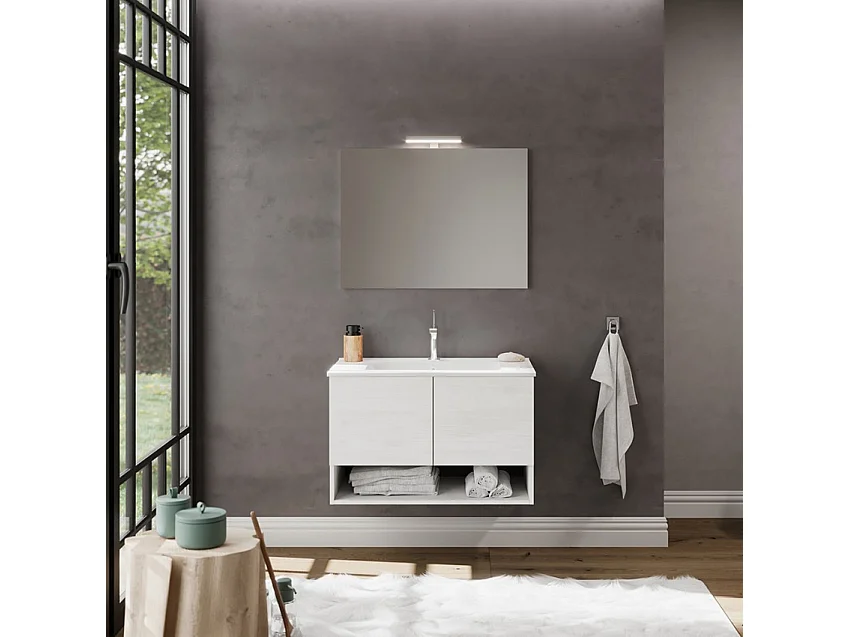 Mueble baño de diseño suspendido con puertas lavabo 80cm y espejo luz led Oslo 80 - Blanco