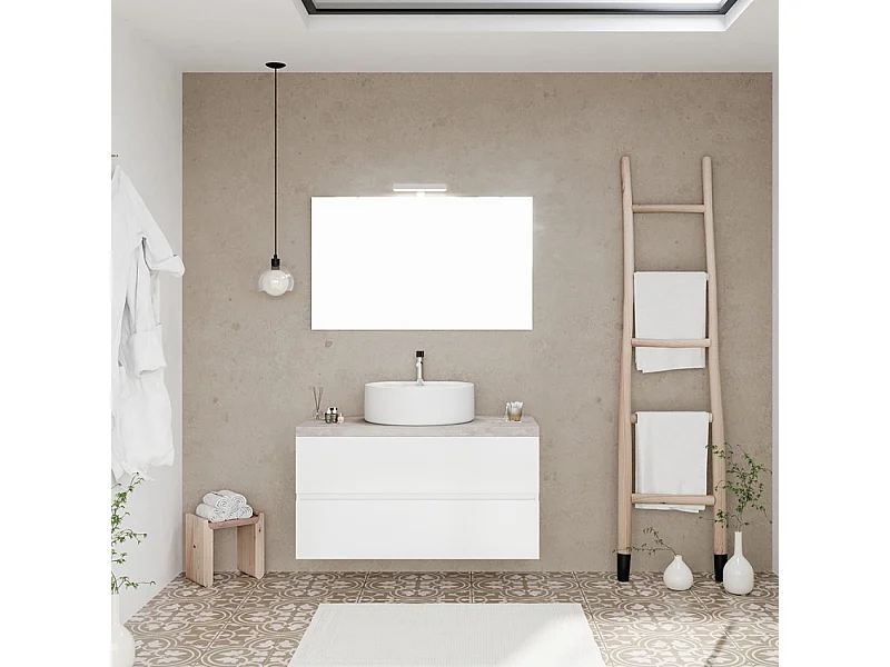 Mueble de baño 100 cm suspendido con lavabo sobre encimera y espejo led City 100