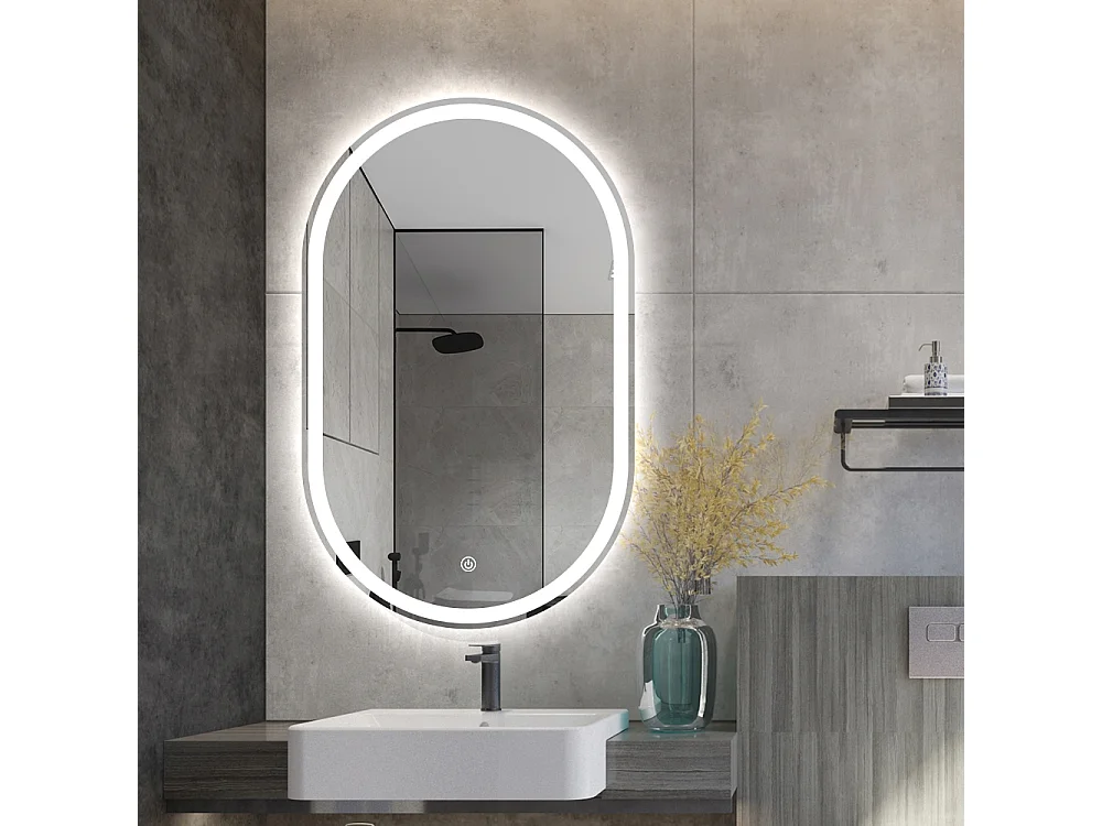 Badezimmerspiegel oval mit LED-Beleuchtung und Anti-Beschlag Refur L
