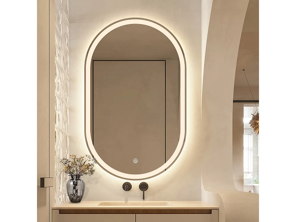 Badezimmerspiegel oval mit LED-Beleuchtung und Anti-Beschlag Refur L