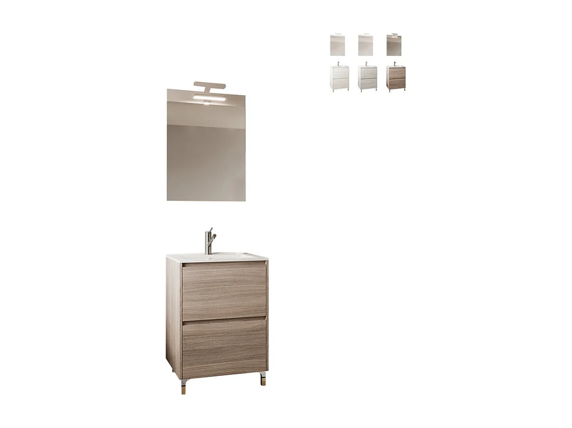 Mueble de baño compacto de suelo con lavabo 60cm espejo con luz led Lisboa 60 - Natural