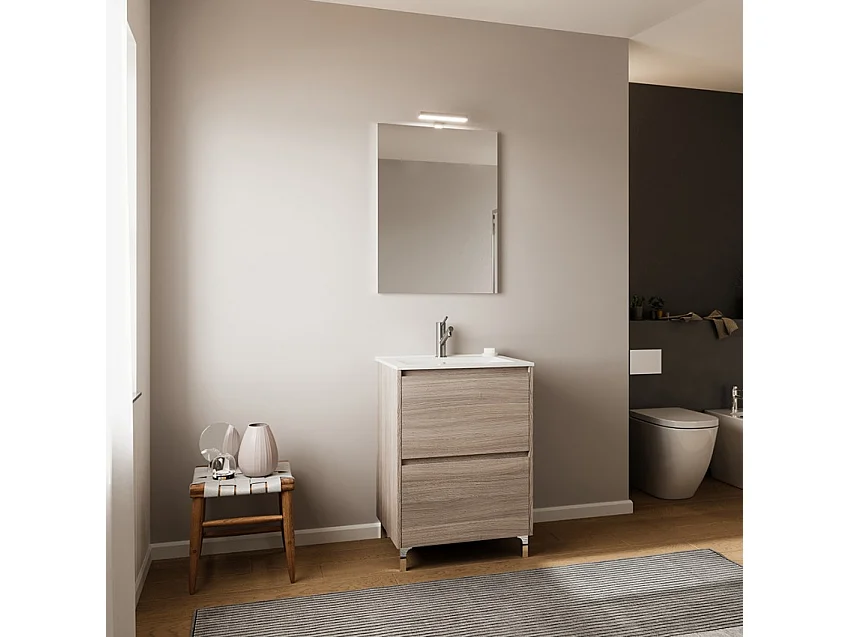 Mueble de baño compacto de suelo con lavabo 60cm espejo con luz led Lisboa 60 - Natural