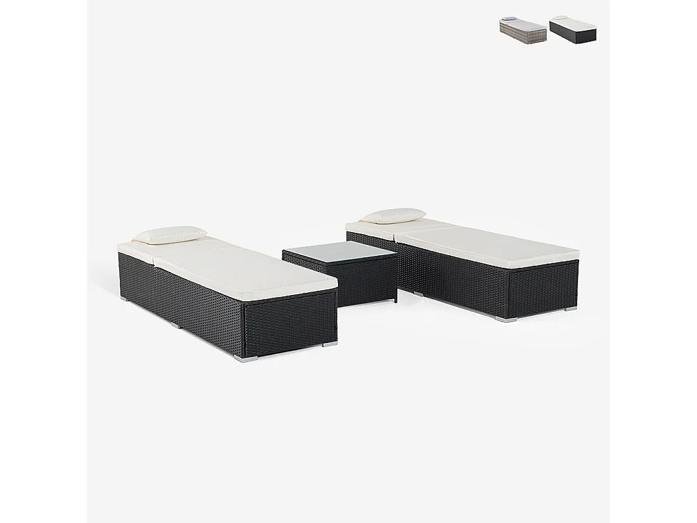 Set 2 lettini da giardino piscina in rattan con tavolino da esterno Bali - Nero