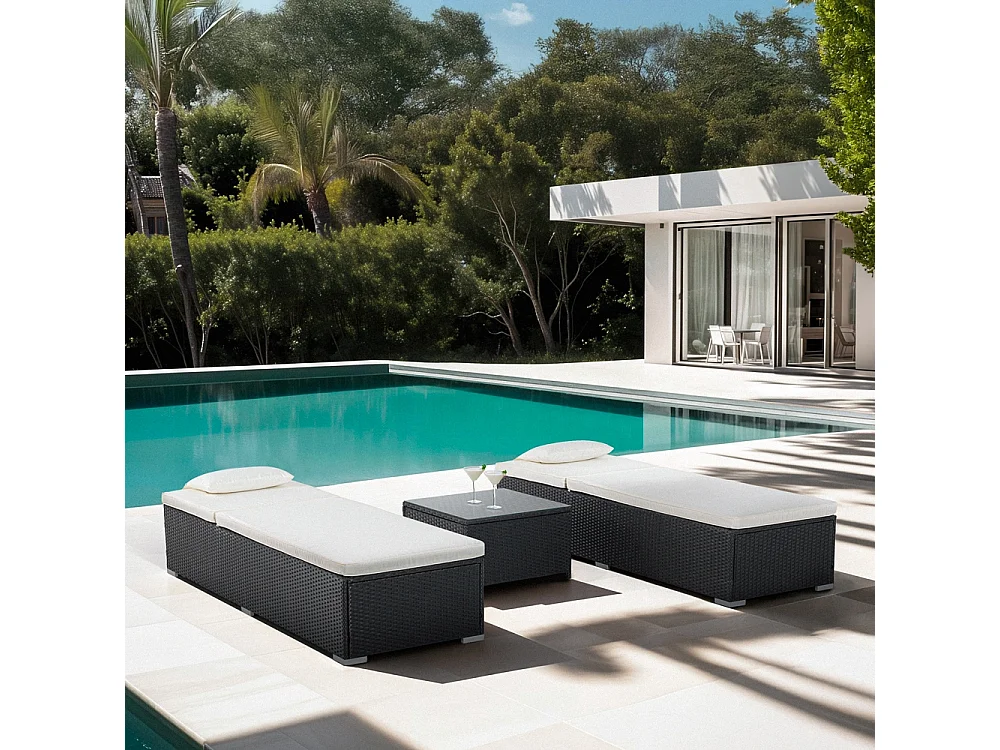 Set 2 lettini da giardino piscina in rattan con tavolino da esterno Bali - Nero