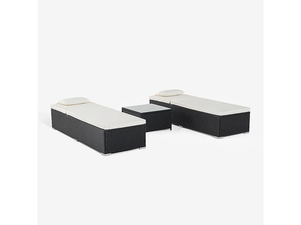 Set 2 lettini da giardino piscina in rattan con tavolino da esterno Bali - Nero