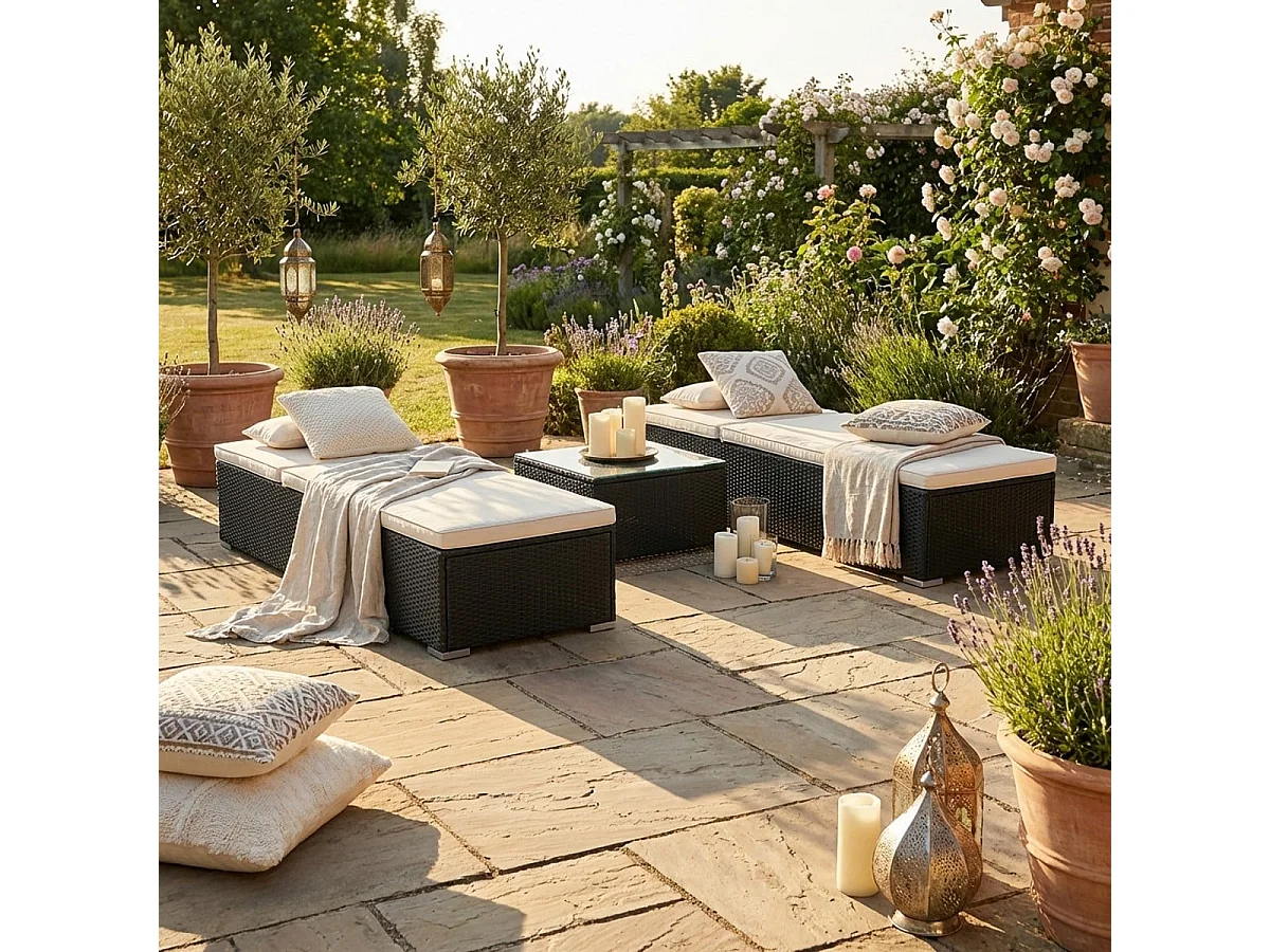 Set 2 lettini da giardino piscina in rattan con tavolino da esterno Bali - Nero