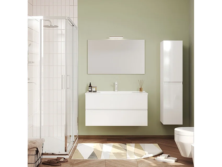 Mueble de baño suspendido color blanco brillo con espejo y lavabo 100 cm Easy 100