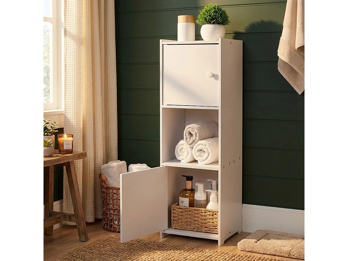 Badezimmerschrank mit 2 Türen, Aufbewahrungstasche und offenem Regal Hjalpo - Weiß