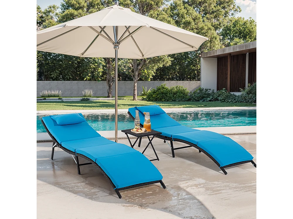 SSet aus 2 Rattan-Gartenliegen mit Klapptisch Lanzarote - Blau