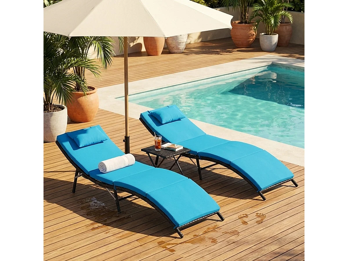 SSet aus 2 Rattan-Gartenliegen mit Klapptisch Lanzarote - Blau