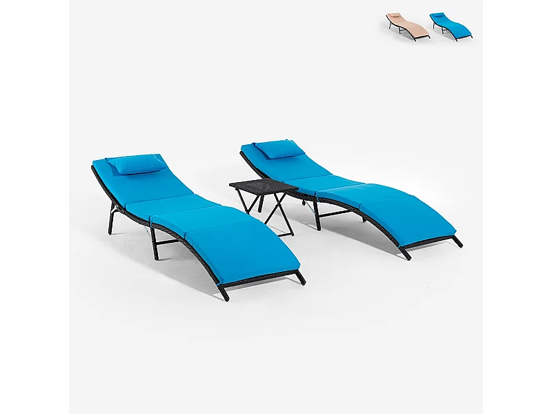 Set 2 lettini da giardino in rattan con tavolino pieghevole Lanzarote - Blu