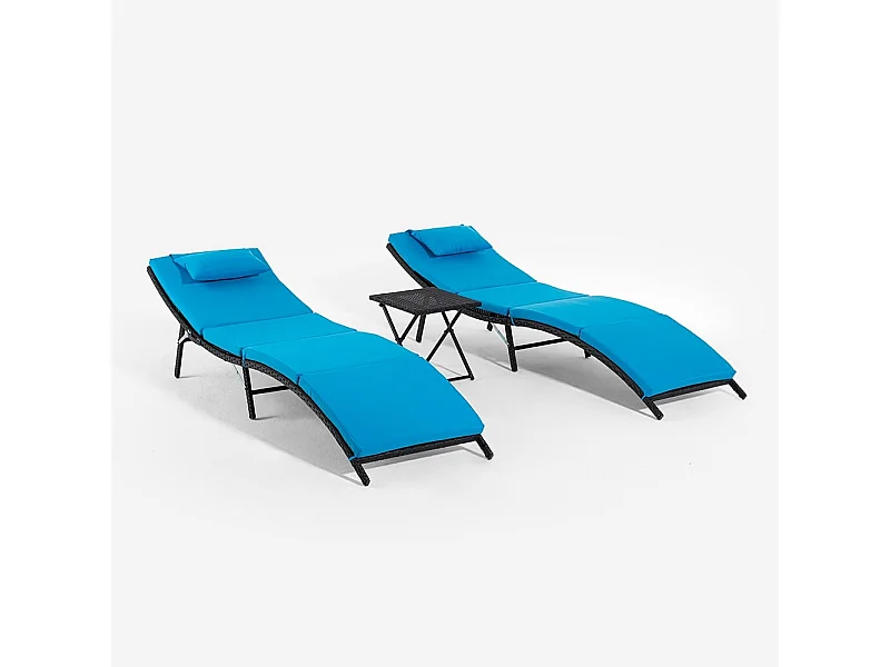 Set 2 lettini da giardino in rattan con tavolino pieghevole Lanzarote - Blu