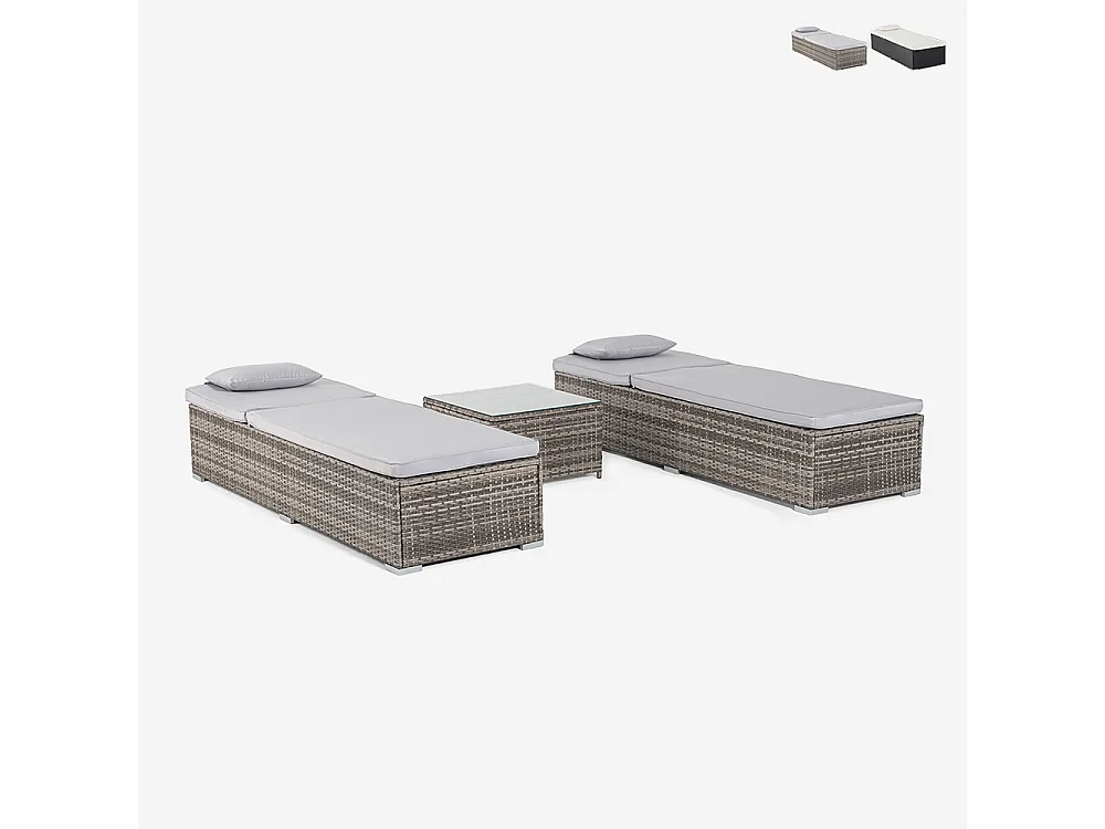 Set 2 lettini da giardino piscina in rattan con tavolino da esterno Bali - Grigio