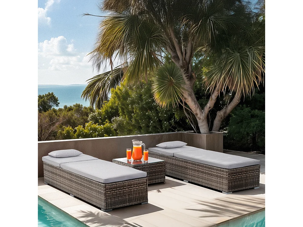 Set 2 lettini da giardino piscina in rattan con tavolino da esterno Bali - Grigio