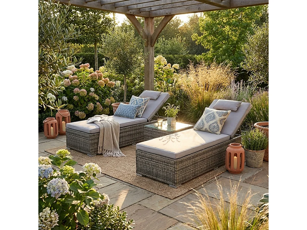 Set 2 lettini da giardino piscina in rattan con tavolino da esterno Bali - Grigio