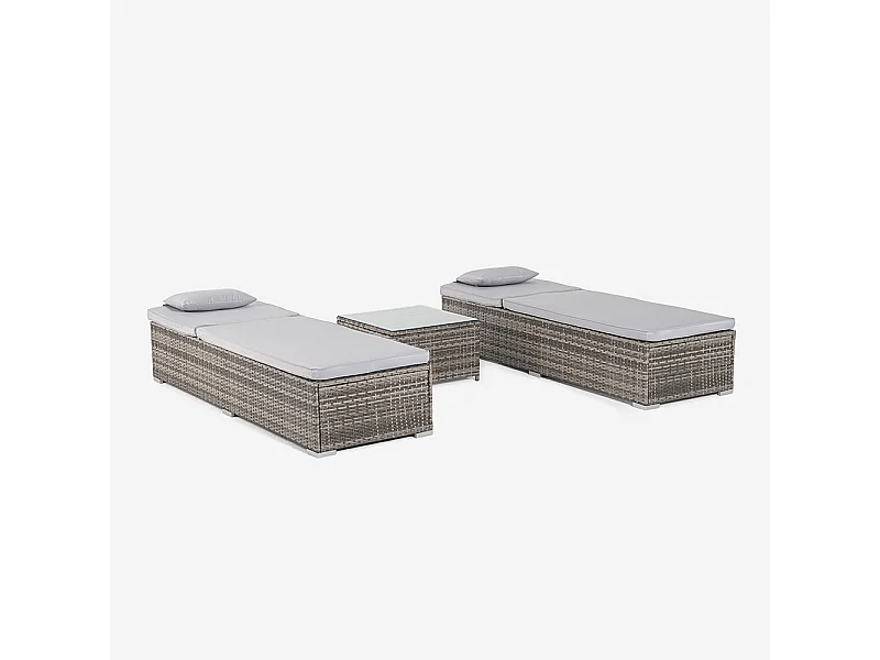 2er-Set Rattan-Gartenliegen mit Outdoor-Tisch Bali - Grau