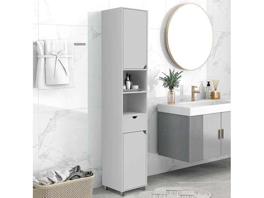 Columna de baño móvil moderna 2 puertas 1 cajón  2 estantes Konyves - Blanco