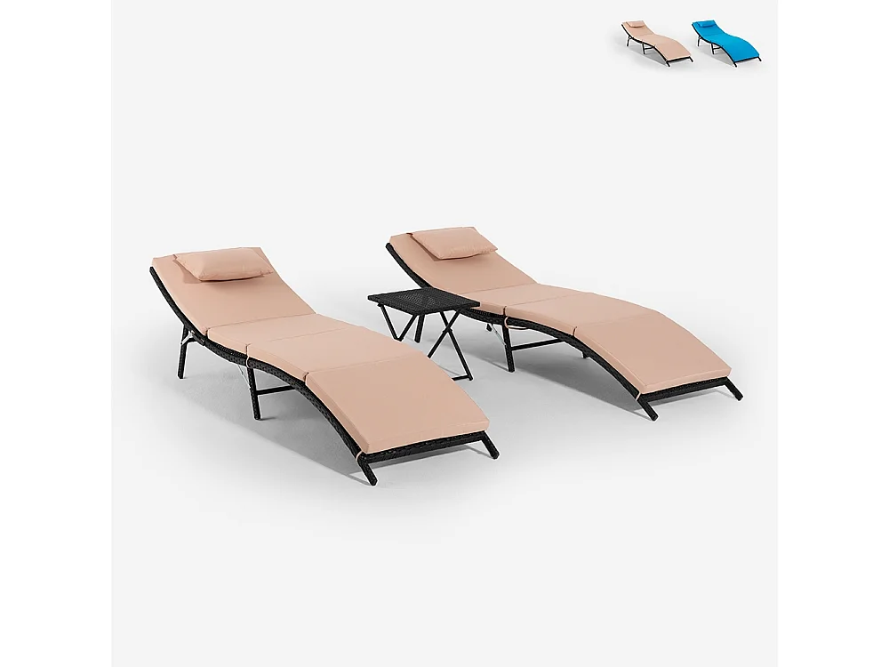 Set 2 lettini da giardino in rattan con tavolino pieghevole Lanzarote - Beige